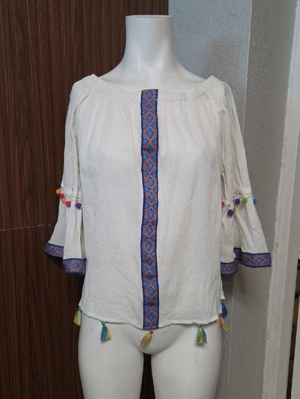 Cream Boho Peasant Blouse with Blue Embroidered Trim [213]